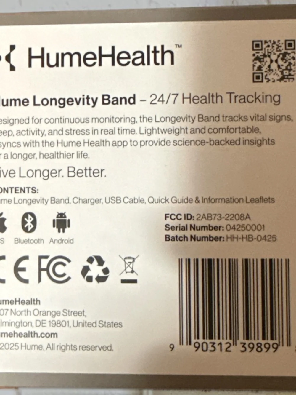 Hume Band 1.0 Longevity Health & Fitness Tracker - Black